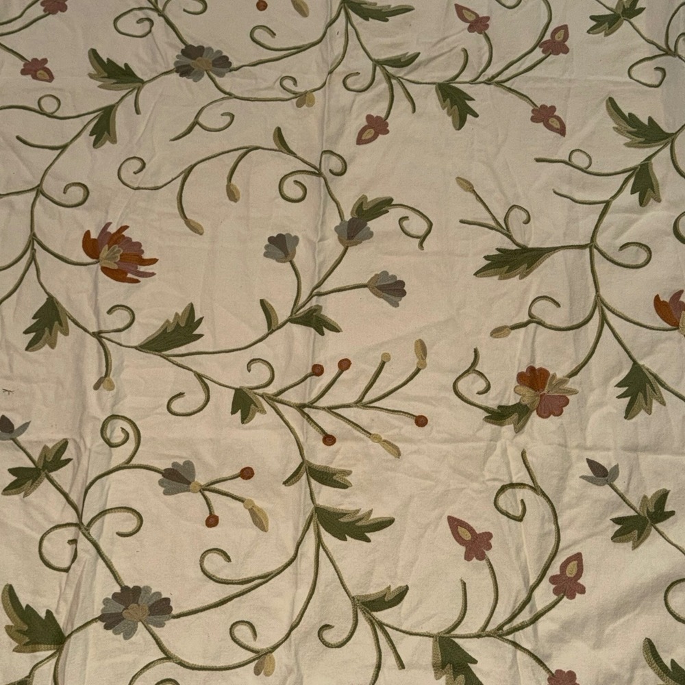 Vintage Cream Floral Crewel Embroidered Cotton Curtain Panels Set 42x84" Cottage